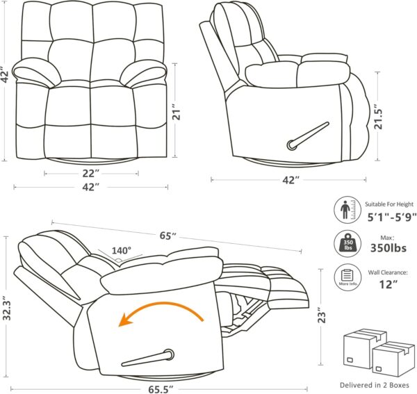 Oversized Rocker Recliner Chair,Manual Swivel Rocker Recliner for Living Room,Overstuffed Extra Wide Rocking Recliners Soft with Breathable Soft Fabric，Up to 350lbs (Manual, White) - Image 2