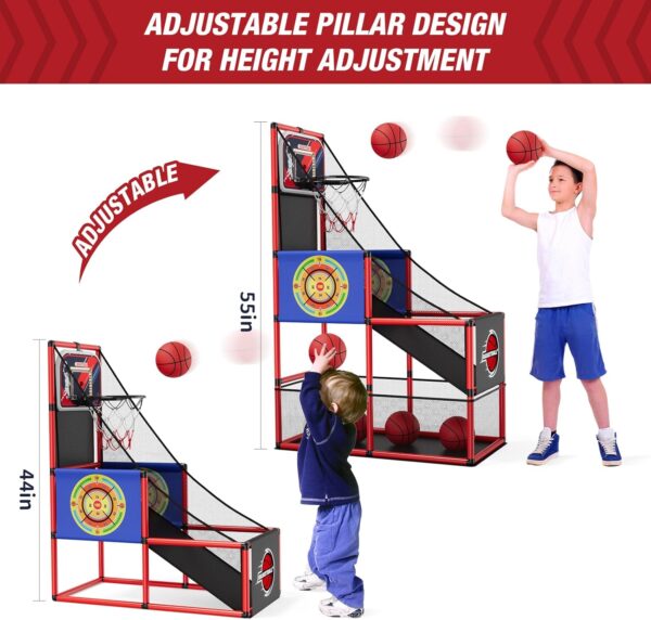 2 in 1 Basketball Arcade Game with 2 Dart Boards/Electronic Scoreboard/LED Light, Single Shot Kids Basketball Hoop for Home Indoor Outdoor, Sport Toys Gifts for Boys Girls Ages 3-12 Years Old - Image 5