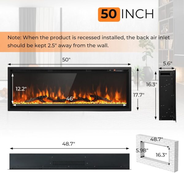 GOFLAME 50 Inch Electric Fireplace Recessed/Wall Mounted/Freestanding, Linear Electric Fireplace Heater Insert with Remote Control, Adjustable Flame Color & Brightness, Thermostat, Timer, 750W/1500W - Image 7