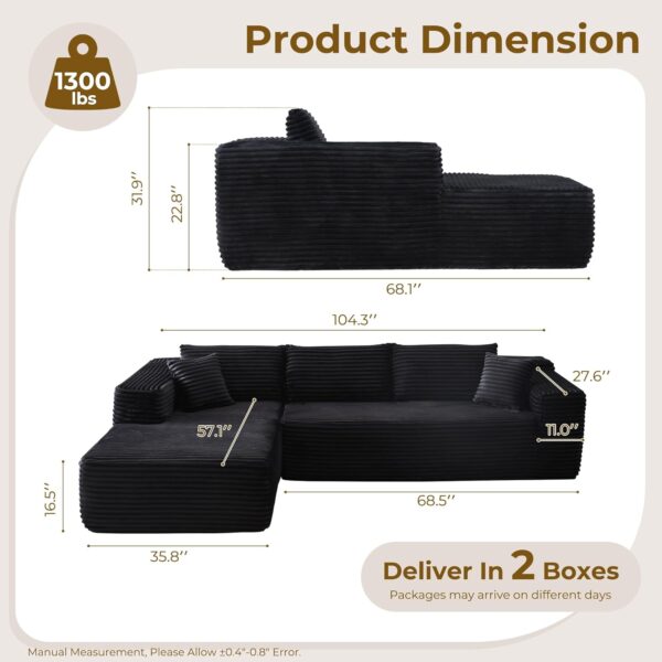 104" L-Shape Modular Sectional Sofa Couch - Comfy Upholstered Cloud Couch for Living Room - Modern Minimalist Couch,Deep Seat,No Assembly Required (Black,Plush Corduroy, Left Facing Chaise) - Image 2