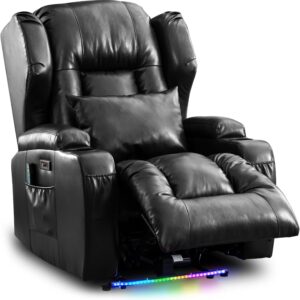 IPKIG Power Recliner Chair with LED Lights - Faux Leather Electric Home Theater Seating Movie Reclining Chairs with Lumbar Pillow/USB Port/Side Pockets/Cup Holders for Living Room, Movie Room (Black)