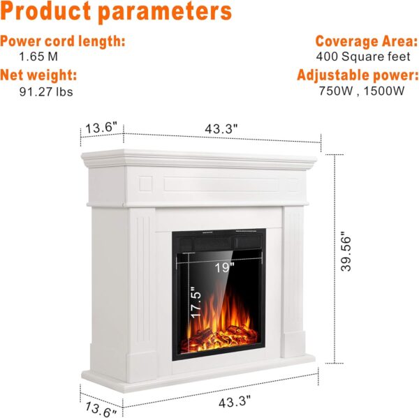 JAMFLY Electric Fireplace Mantel Package Wooden Surround Firebox TV Stand Free Standing Electric Fireplace Heater with Logs, Adjustable Led Flame, Remote Control, 750W-1500W, Lvory White - Image 6