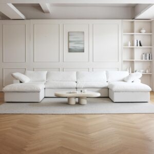 JACH U-Shaped Cloud Couches for Living Room, 6-Seats Modular Convertible Sectional Sofas, Cushion Covers Removable, Comfy Sectional Couch with Chaise Ottomans for Living Room Apartment (White)