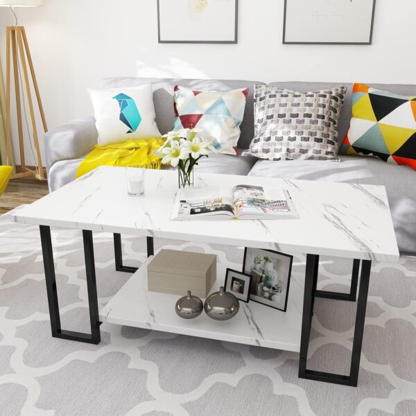 AWQM Marble Coffee Table, Faux Marble Top Rectangular Coffee Table with Black Metal Frame, 2 Tier Living Room Table for Living Room, Office, Balcony, White, 40 Inch - Image 5