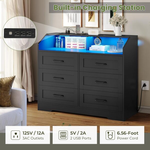 Hasuit Black 6 Drawers Dresser with LED Lights and Charging Station, Modern Wood Bedroom Storage Tower Clothes Organizer, Chest of 6 Drawers Storage Cabinet with Deep Drawers for Bedroom, Living Room - Image 5