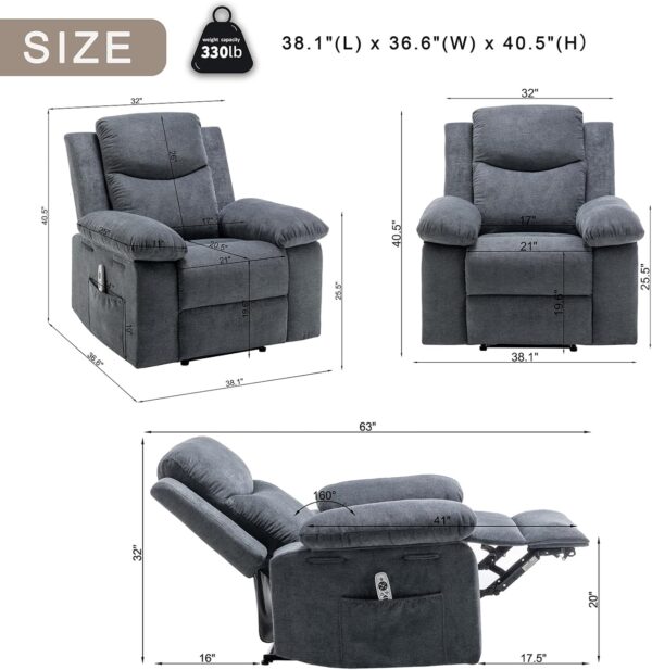 Electric Power Recliner Chair with Lumbar Heating and 8-Point Vibration Massage Function, Remote Control, Fabric Velvet Single Sofa Chiar with Footrest for Adult Living Room (Dark Gray) - Image 2