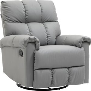 HOMCOM Rocker Recliner Chair with Overstuffed Back and Seat, Faux Leather Manual Reclining Chair with Footrest and 360 Swivel Rotation Base for Living Room, Brown