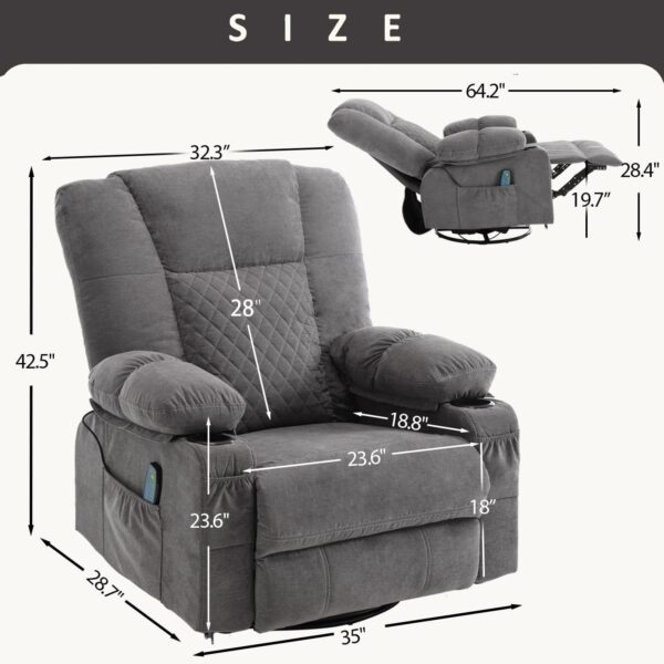 Massage Rocker Recliner Chair with Heat, Overstuffed Recliners Oversized Lounge Chairs for Adults, Fabric Manual Reclining Home Theater Recliner with Cup Holders,USB Charge Port,Grey - Image 3
