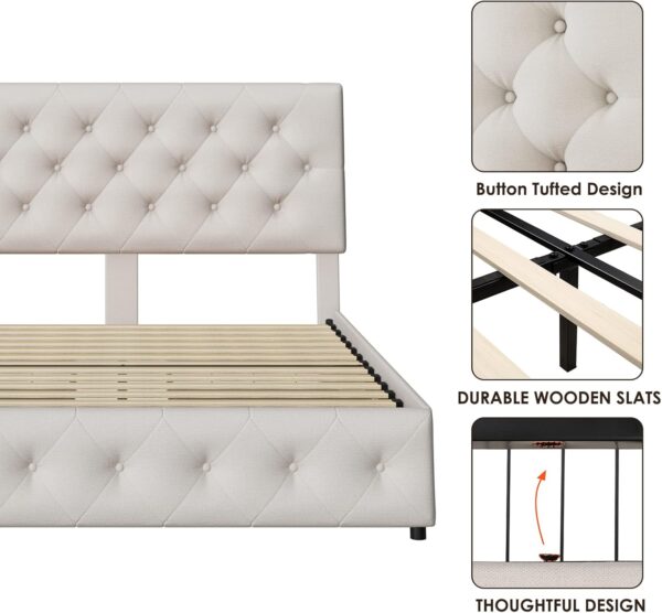Queen Bed Frame with 4 Storage Drawers and Adjustable Headboard, Upholstered Platform Bed with Button Tufted Design, Strong Wooden Slats Support, No Box Spring Needed, Fabric, Cream - Image 7