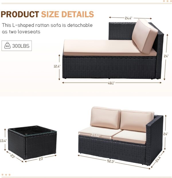 Greesum 3 Piece Patio Furniture Set Outdoor Wicker Rattan Sectional Sofa with Adjustable Seat, Soft Cushions & Coffee Table for Yard, Garden, Porch, Poolside, Beige - Image 7