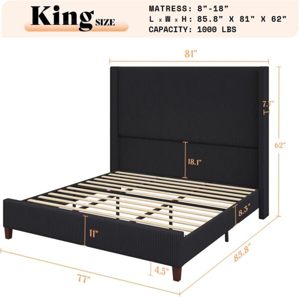 AMERLIFE King Size 62" Corduroy Upholstered Bed Frame, Luxurious Platform Bed with Extra Tall Wingback Headboard and Vertical Stripe, No Box Spring Needed/Solid Wood Slats & Legs/Black - Image 2