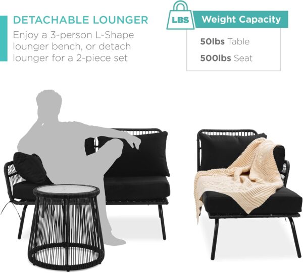 Best Choice Products Outdoor Rope Woven Sectional Patio Furniture L-Shaped Conversation Sofa Set for Backyard, Porch w/Thick Cushions, Detachable Lounger, Side Table - Natural/Black - Image 5