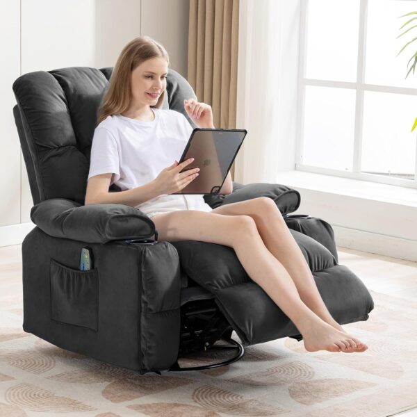 COMHOMA Recliner Chair, Swivel Rocker Recliner with Cup Holders, Heat and Massage, Fabric Recliners Sofa for Living Room (Grey) - Image 3