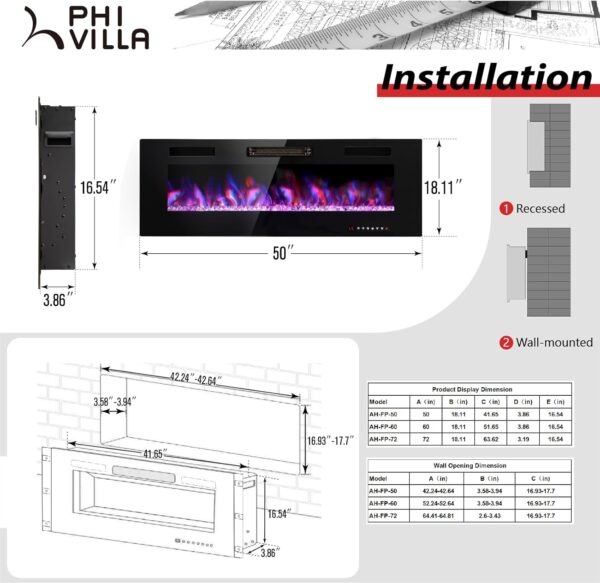 PHI VILLA 50" Electric Fireplace Wall Mounted & Recessed, 3.86" Ultra-Thin Linear Fireplace 750/1500W with Remote Control, Fit for 2 x 4 6 Stud, Low Noise, Timer, Adjustable Flame Color & Speed - Image 6