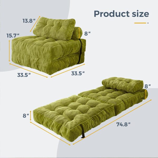 MAXYOYO Folding Sofa Bed, Convertible Sleeper Chair with Pillow Foldable Mattress with Back Support, Portable Fold Out Chair Bed Comfy Floor Sofa Lounge for Living Room Bedroom, Green, Single - Image 2