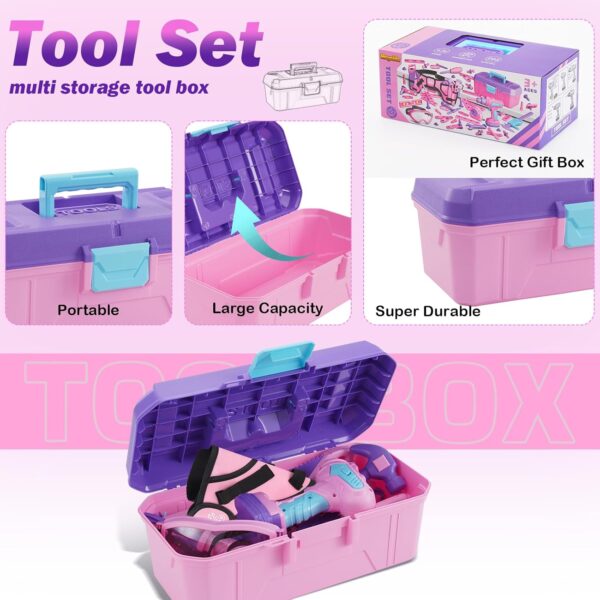 Kids Tool Set, 67 PCS Toddler Tool Box with Electronic Toy Drill & Realistic Kids Tape Measure, Pretend Play Construction Toy Kit with Tool Belt & Hammer, Toddler Tool Set for Girl Boy Ages 3+ (Pink) - Image 6