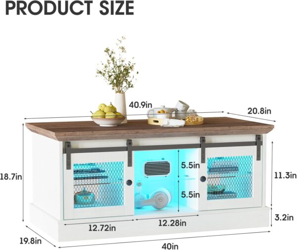 Vabches Coffee Table with Storage and Sliding Barn Doors, Farmhouse & Industrial Wood Square Table with LED Lights Adjustable Shelves, Rustic Center Rectangular Cabinet for Living Room, White Brown - Image 2