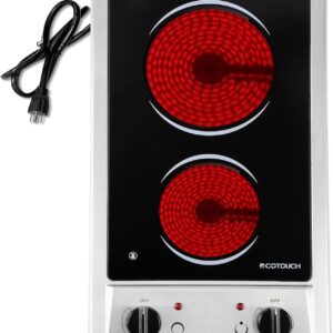 ECOTOUCH 2 Burner Electric Cooktop, 12 Inch 110V-120V Portable Cooktop Ceramic Glass Electric Stove Top Built-In & Countertop Stove Radiant Cooktops, Plug In