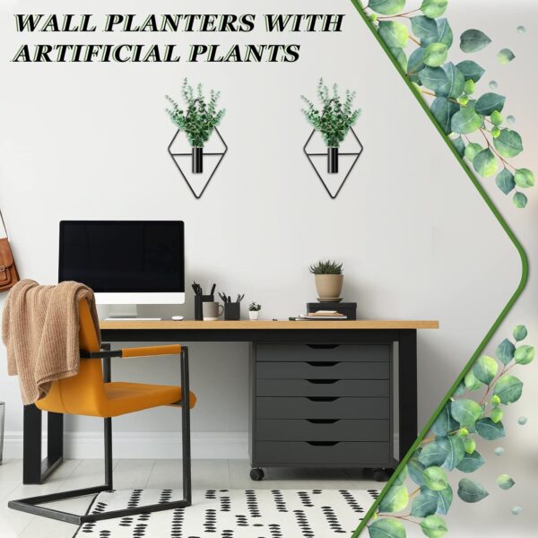 Jexine 2 Pcs Hanging Planters with Artificial Plants Metal Hanging Vase Indoor Plants Holder Modern Geometric Boho Wall Decor for Living Room Home Office(Black, Eucalyptus) - Image 6