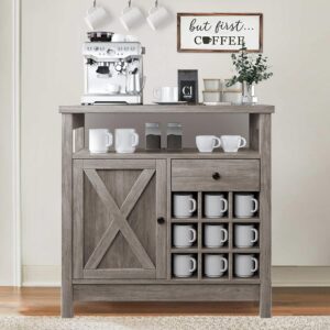 4ever2buy Farmhouse Coffee Bar Cabinet with Storage, 32 inch Coffee Bar Table with Barn Door and 9 Wine Racks, Coffee Bar Accessories with Drawer & Adjustable Shelf, Dining Living Room, Grey