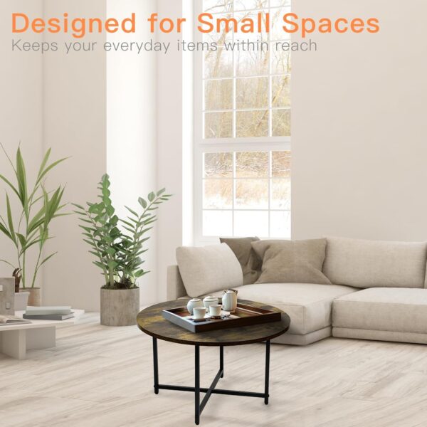Round Coffee Table, 23.6" Small Coffee Tables for Living Room, Circle Coffee Table with Metal Frame, Wood Coffee Tables for Small Spaces, Modern Center Table for Home, Office, Rustic Brown - Image 5