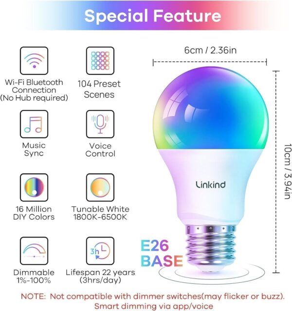 Linkind WiFi Smart Light Bulbs, Alexa Light Bulb Work with Alexa, Google Home, RGBTW 16 Million Color Changing Light Bulbs Dimmable, Mood Lighting, 2.4Ghz WiFi Only, A19 E26 WiFi Bulb 60W 800LM 8 Pack - Image 2