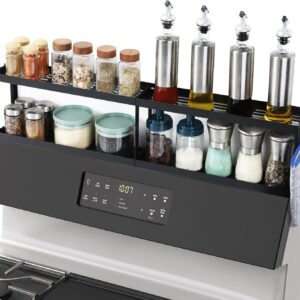 OTraki 2 Tier Magnetic Stove Top Shelf Spice Rack Storage 30" Magnetic Spice Rack for Stove with 2 Anti-Slip Mats Seasoning Organizer Over Stove with 4 Hooks Magnetic Shelf for Kitchen Organization