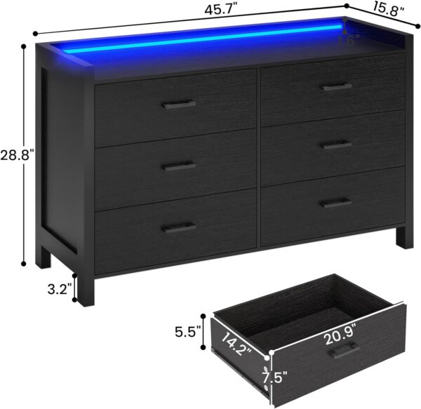 Hasuit Black Dresser for Bedroom with LED Lights, Large Capacity Wooden Storage Cabinet, Chest of 6 Drawers Dresser, LED Dresser for Hallway, Entryway (Modern Black) - Image 2