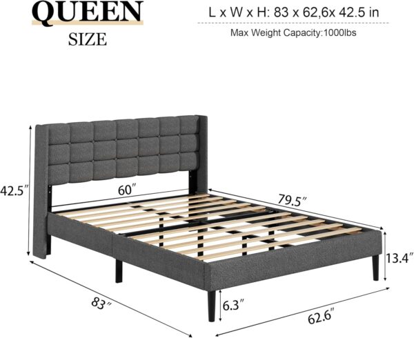 Queen Size Platform Bed Frame with Upholstered Headboard and Wingback, Mattress Foundation with Wooden Slat Support, No Box Spring Needed, Easy Assembly, Noise Free, Dark Gray - Image 2