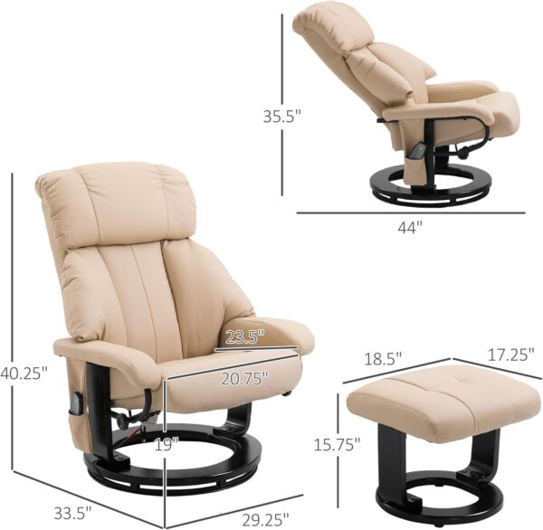 HOMCOM Massage Recliner Chair with Ottoman, 360° Swivel Recliner and Footstool, 10 Point Vibration, PU Leather Reclining Chair with Side Pocket and Remote Control, Beige - Image 3