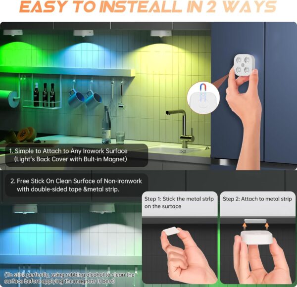Wireless Step Light Rechargeable Puck Lights with Charging Station, Colorful RGB Motion Sensor Puck Light Under Cabinet Lighting with Remote Control, LED Closet Lights for Stair, Kitchen (3 Pcs) - Image 6