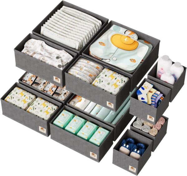 12 Pack Drawer Organizer for Baby Clothes, Nursery Drawer Organizer for Baby Diaper, Collapsible Deep Fabric Drawer Organizer with Zipper for Socks, Bra, Towels, Ties, Grey