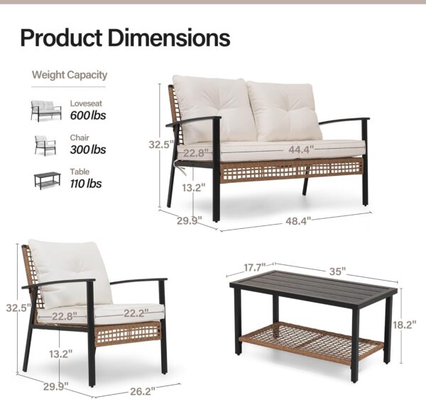 LAUSAINT HOME 4-Piece Patio Conversation Set, Comfortable Oversized Outdoor Furniture Set with Soft Cushion and Storage Metal Coffee Table for Backyard, Porch, Garden and Poolside, Beige - Image 5