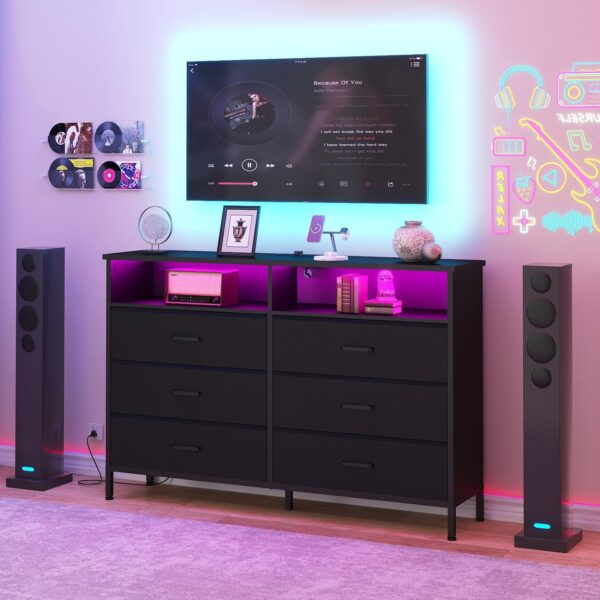 Dresser for bedroom, Fabric Black Bedroom Dresser with LED Lights and Charging Station, 6 Long Drawers Dresser, Tall Wide Chest of Drawers Storage Organizer TV Stand for up to 60" TV for Living Room - Image 2