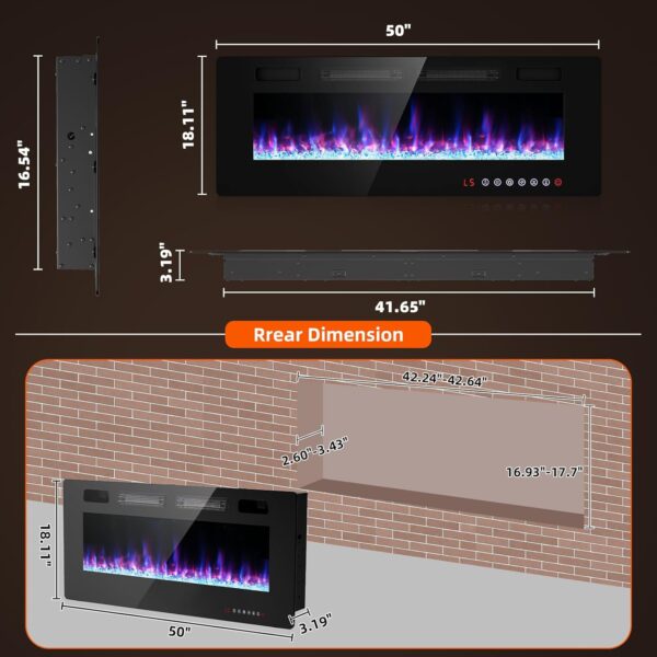 BREEZEHEAT 50 inch Electric Fireplace Wall Mounted/Freestanding-Ultra Thin Fireplace Inserts for Living Room with Heater, Remote Control, Touch Screen, Led Flame, 8H Timer, 750w/1500w - Image 5