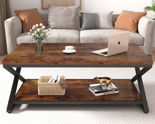 HSH Rustic Coffee Table with Storage Shelf, Industrial Metal Wood Living Room Table, Farmhouse Minimalist Rectangle Center Table, Vintage Simple 2 Tier Cocktail Table Tea Table, Rustic Brown, 47 Inch - Image 4