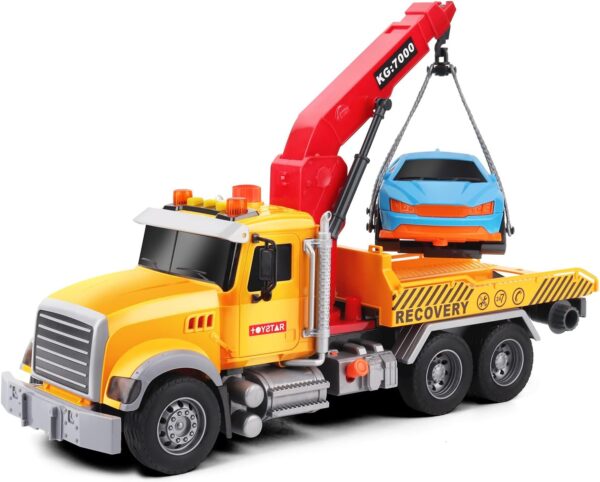 Dwi Dowellin Kids Toys for 3 4 5 6 7 Years Old Boys, 15" Large Tow Truck Toy,Friction Powered Transport Truck Crane Toy with Lights and Sounds,with Roadster,Toddlers Gifts - Image 2