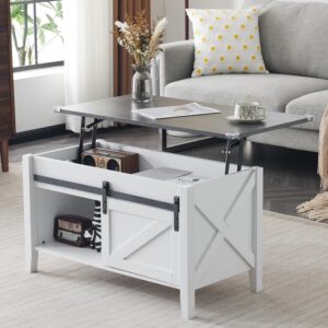 VINGLI White Charcoal Lift Top Coffee Table, 36" Small Farmhouse Barn Door Coffee Table with Storage, Rectangular Center Wood Coffe Table with Lifting Top, Living Room Tables with Hidden Compartment