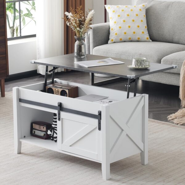 VINGLI White Charcoal Lift Top Coffee Table, 36" Small Farmhouse Barn Door Coffee Table with Storage, Rectangular Center Wood Coffe Table with Lifting Top, Living Room Tables with Hidden Compartment