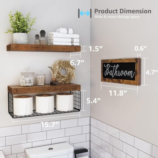 QEEIG ‎Bathroom Shelves Over Toilet Paper Storage Wall Mounted Farmhouse Decor Decorations Aesthetic Décor Sign Small Floating Wall Shelf 2+1 Set 16 inch, Rustic Brown (020BN) - Image 3