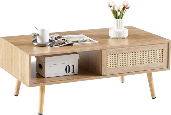 Boho Coffee Table for Living Room, 41.3" Rattan Coffee Table with Sliding Doors & Open Storage Shelf, Mid-Century Center Table for Small Space, Natural - Image 3