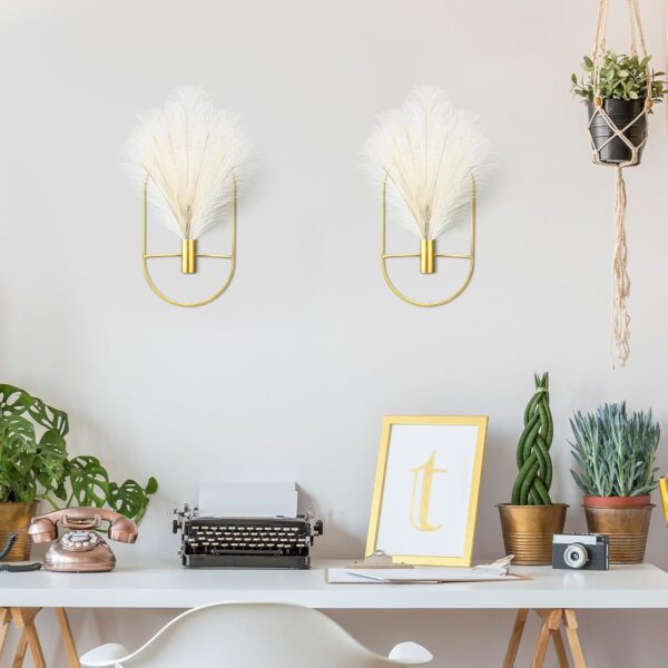 Peryiter 2 Pcs Small Boho Wall Decor Hanging Planters with Artificial Pampas Wall Mounted Metal Wall Decor Modern Home Decor Display Wall Art Bedroom Bathroom Living Room (Oval) - Image 6