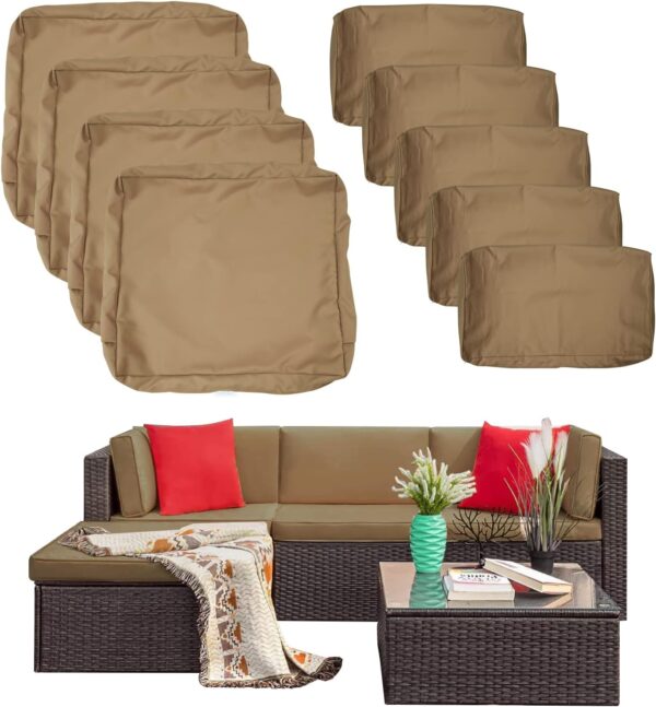 9 Pack Patio Cushion Covers Set Outdoor Furniture Cushion and Pillow Cover Replacement Fit for 5 Pieces 4-Seater Wicker Rattan Patio Sectional Sofa Chair Couch Set,Taupe-Cover Only (Large)