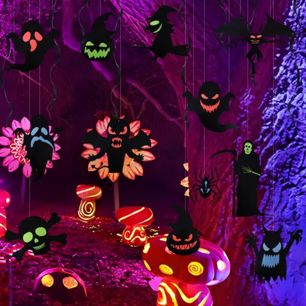 Halloween Glow Party Hanging Swirls Decorations, 12 PCS Glow in Dark Waterproof Wall Ornament, 3D Ceiling Streamer Large Ghost Bats Witch for Outdoor Yard Decor - Image 6
