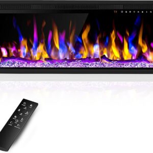 36 Inch Electric Fireplace Heater, Recessed in-Wall and Wall-Mounted Linear Heater Fireplace,13 Adjustable Flame Color and 5 Brightness,Touch Screen & Remote Control,1500/750W, Black