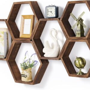 Hexagon Floating Shelves Set of 6 Farmhouse Honeycomb Wall Storage Shelf Wood Display Hexagonal Shelves Wall Mounted Hanging Rustic Shelf Racks for Bedroom Living Room Hallway Office Decor, Brown