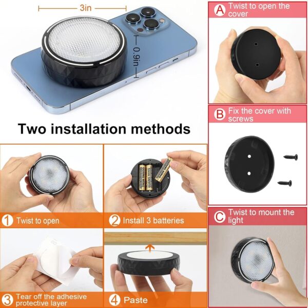 Onumii LED Puck Lights Battery Operated LED Under Cabinet Lighting Wireless Stick on Tap Lights with Remote Controll Color Changing Timer Function for Cabinets, Shelves, Closets - 6Pack White - Image 5