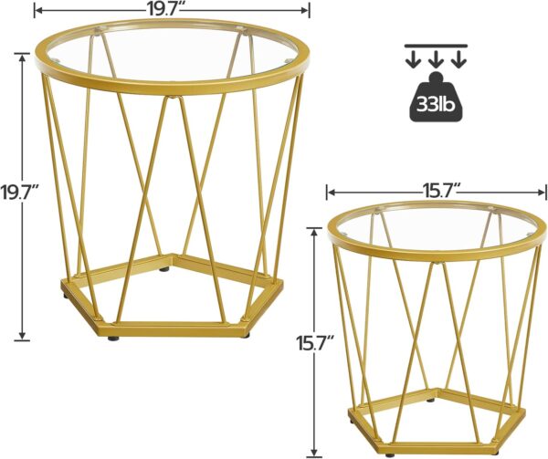 HOOBRO Small Coffee Table Set of 2, Round Coffee End Table with Metal Frame, Glass Top, Gold Side Table for Living Room, Bedroom and Balcony, Modern Style, Gold GD79BZ01 - Image 2