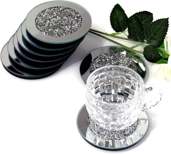 GIMORRTO Glass Mirrored Coaster 4 PC, Crushed Diamond Round 4" Cup Mat Decor on Tabletop for Bar Tools Dining Table - Image 2