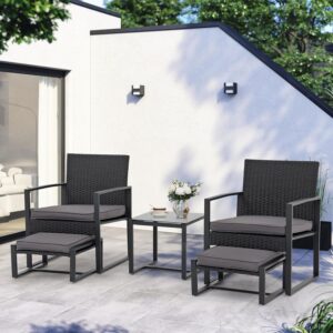 JOIVI 5 Pieces Patio Bistro Set, PE Wicker Outdoor Patio Furniture Set, Modern Rattan Patio Chairs with Table & Ottomans, Patio Conversation Sets for Balcony, Front Porch, Garden, Black Cushion